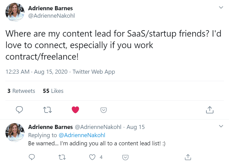 Professional networking - Adrienne Barnes's twitter post