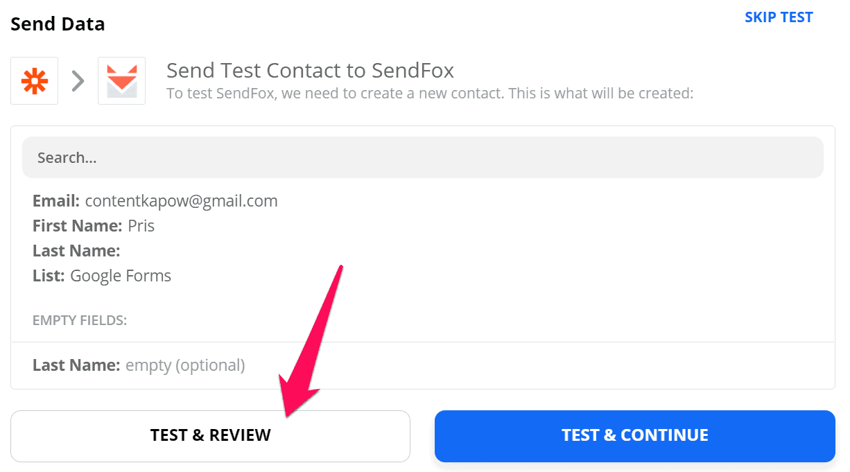 Zapier- Sent test contact to sendfox