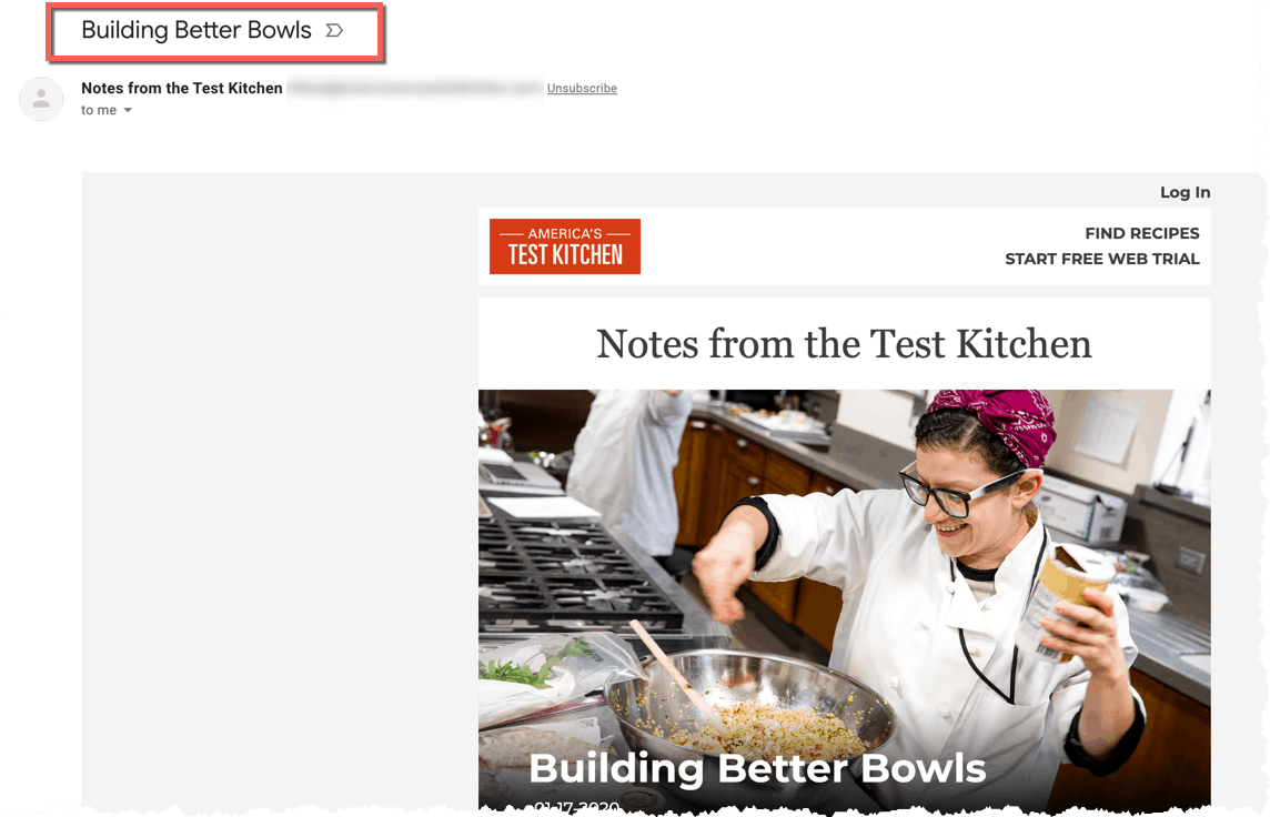 Example of a subject line from America’s Test Kitchen