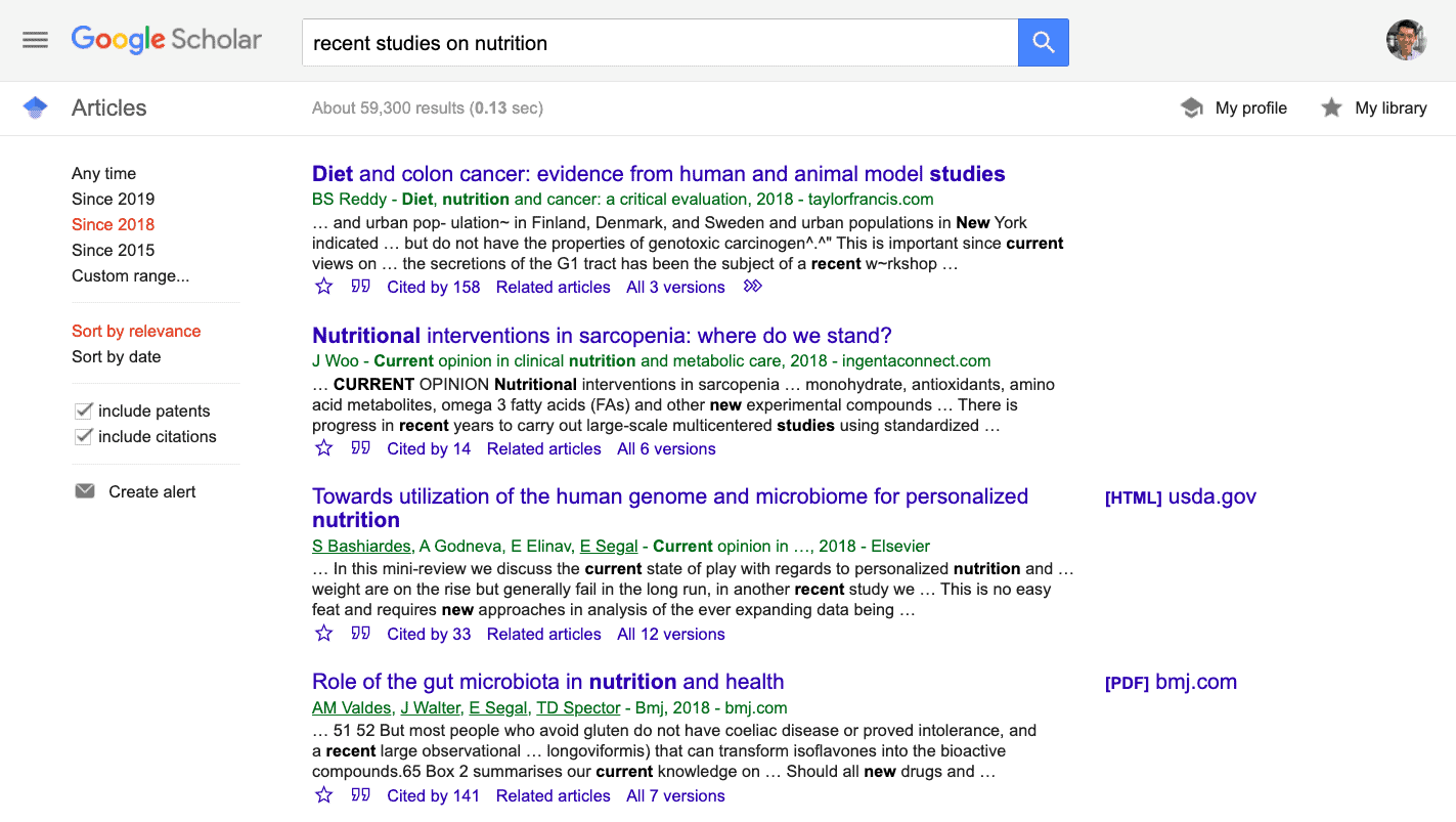 search results of "recent studies on nutrition" on Google Scholar