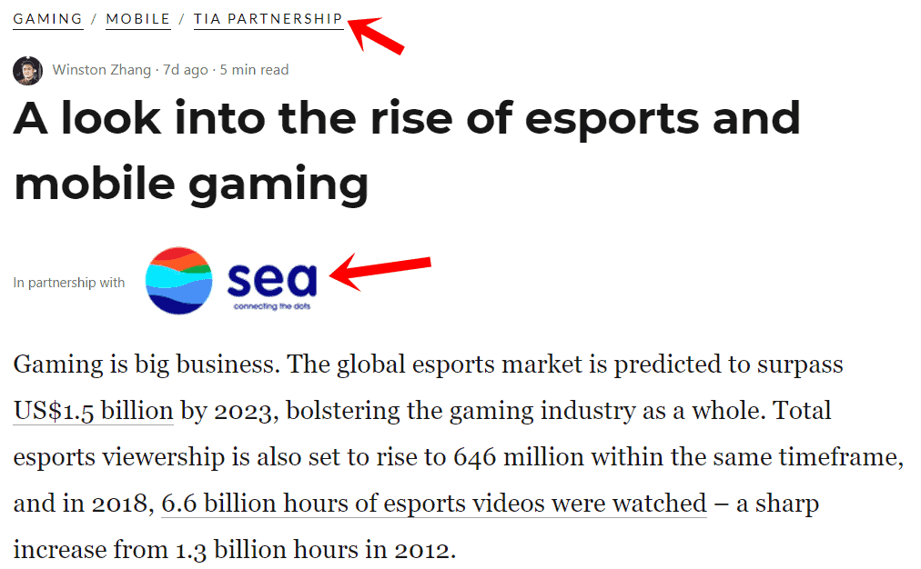 Article on esports and mobile gaming from Garena partners with media publication Tech In Asia