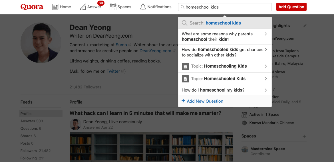 topics or keywords typed into Quora search bar