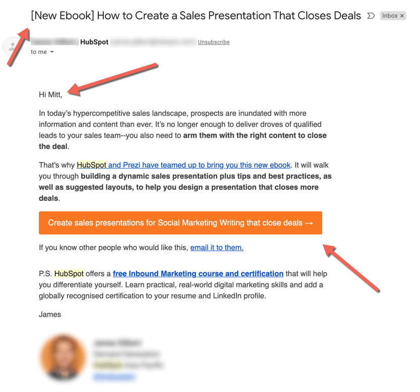 example of a lead magnet promotion email that received from HubSpot