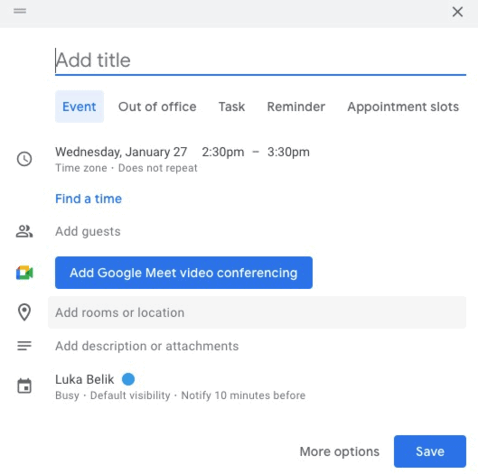 Setting up a reminder in Google Calendar.
