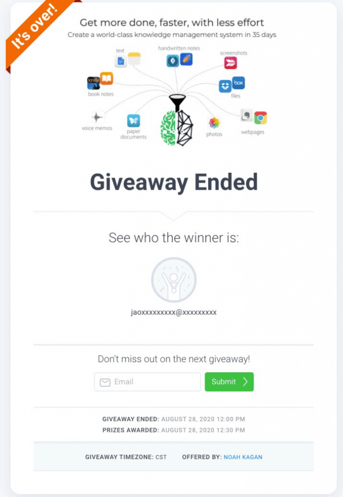 Noah's giveaway combining Email Marketing and Instagram