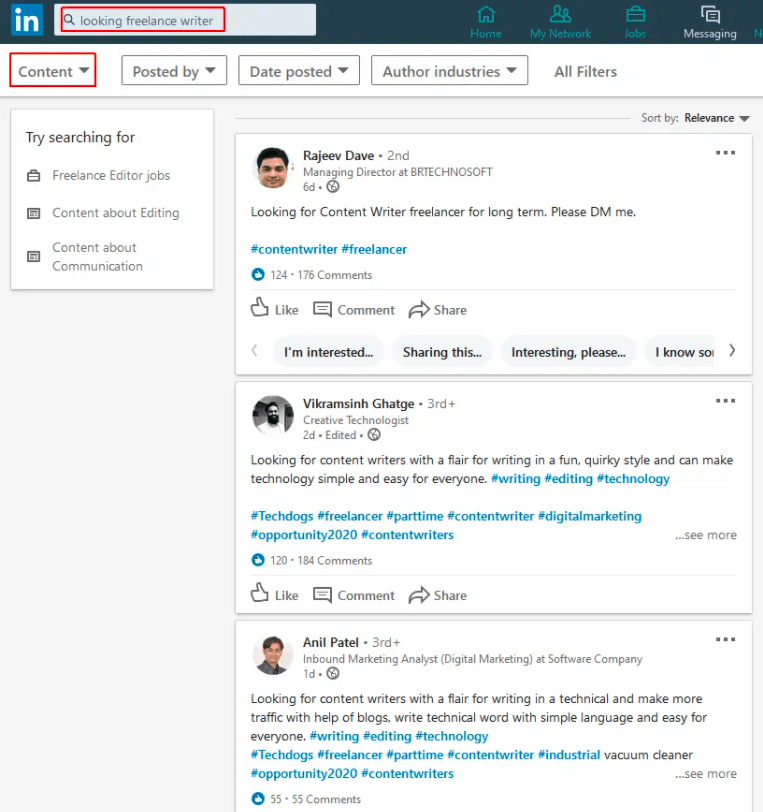 Screenshot using LinkedIn about looking for freelance work.
