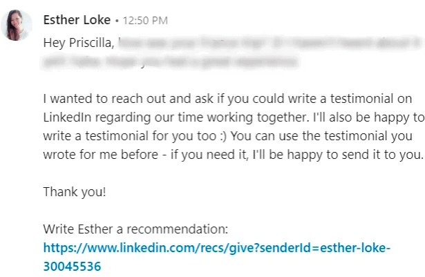 LinkedIn message from Esther Loke