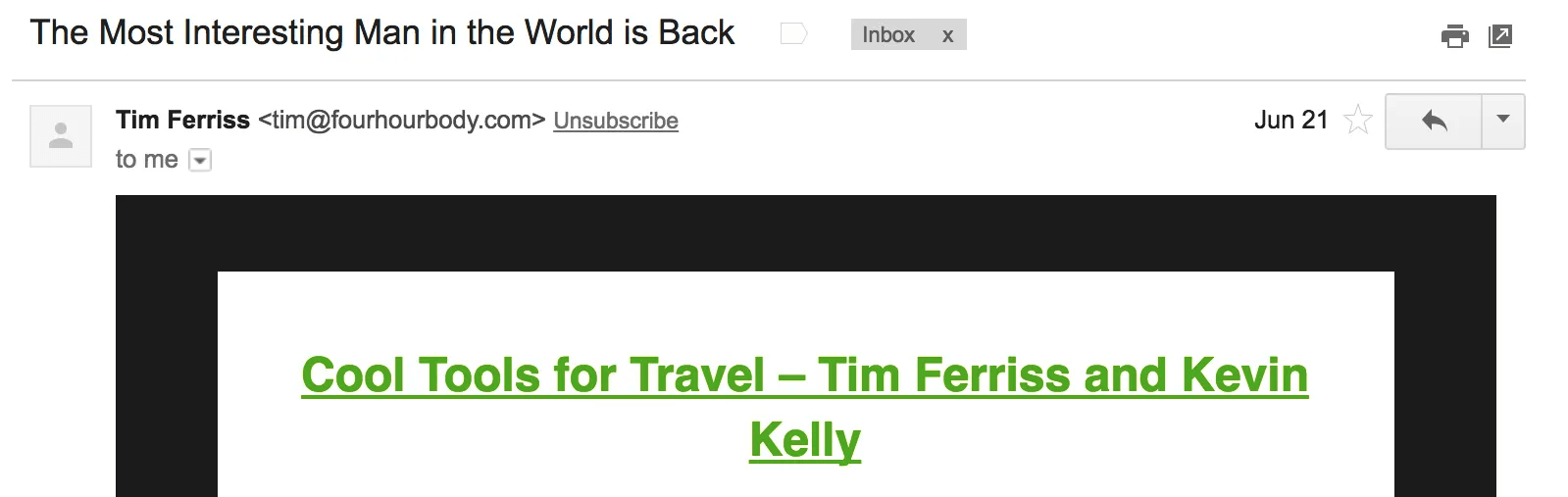 Best Email Subject Lines: Screenshot of email from Tim Ferriss