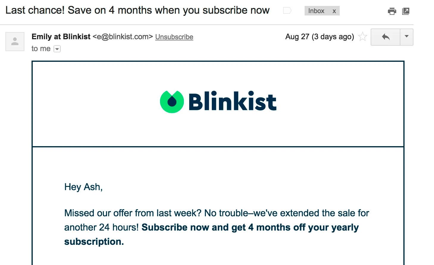 Best Email Subject Lines: Screenshot of email from Blinkist