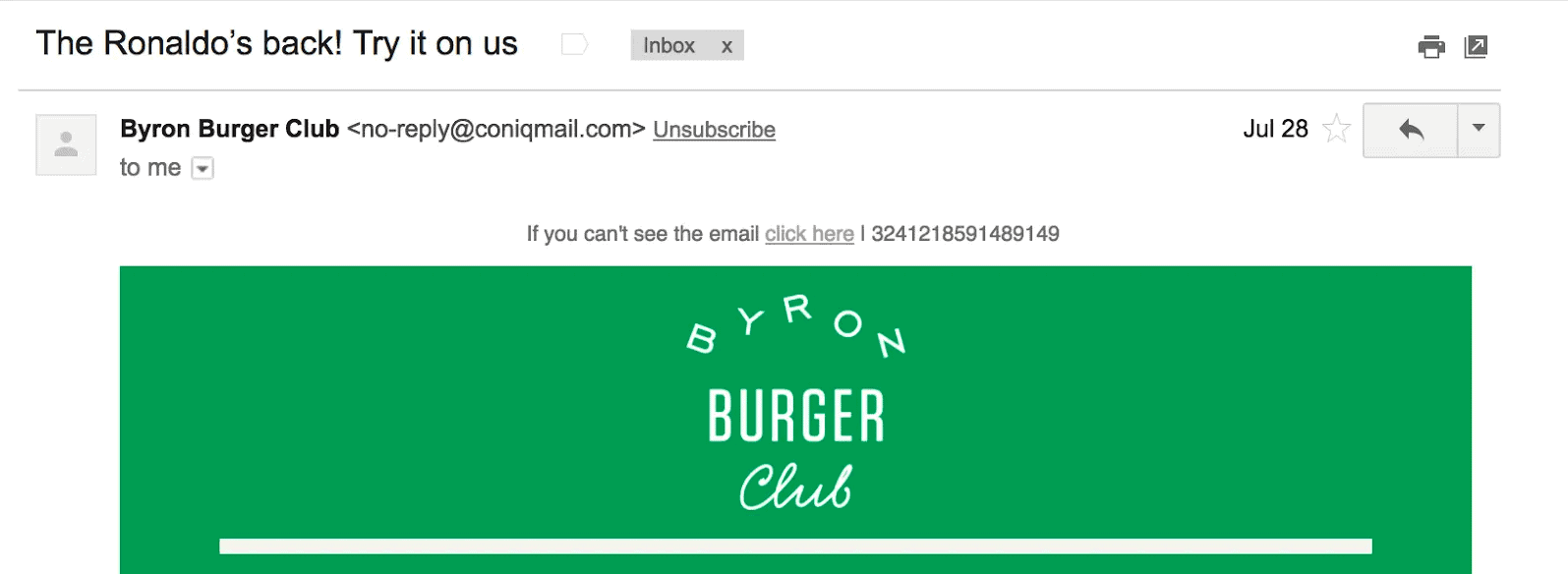 Best Email Subject Lines: Screenshot of email from Byron Burger