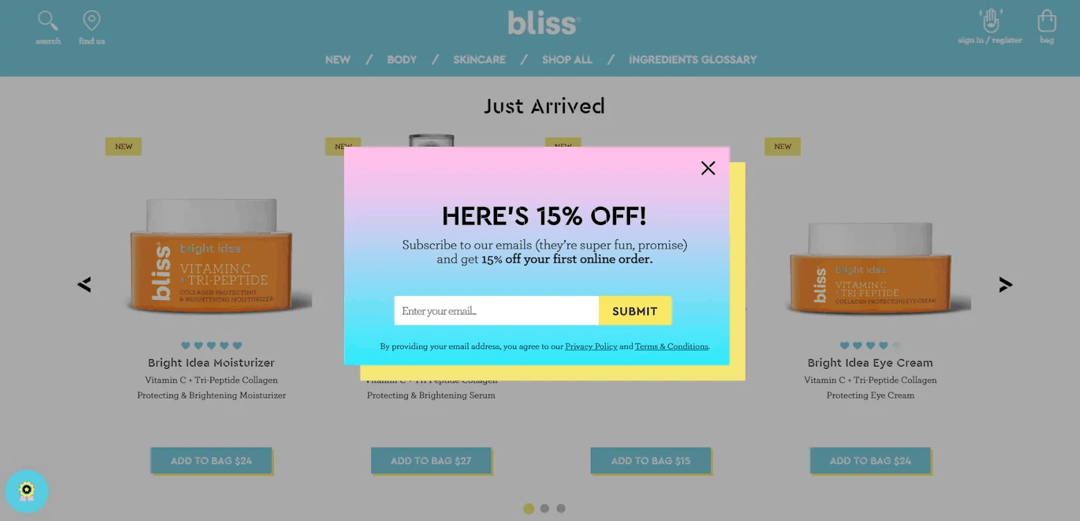 How To Build An Email List: Screenshot of Bliss discount popup