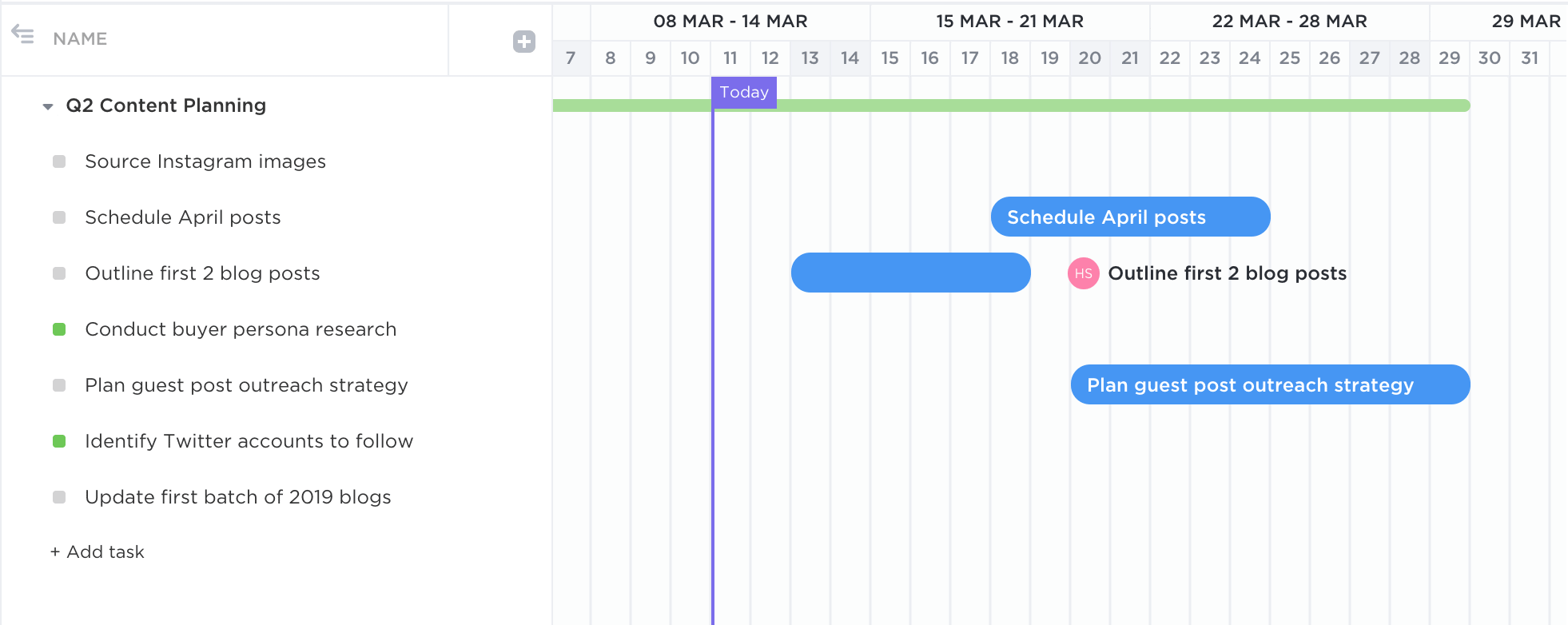 ClickUp calendar, Gantt chart, and box (with paid version)