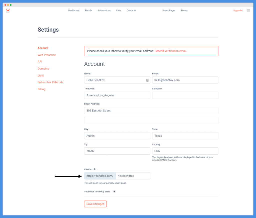 SendFox settings- URL of your primary landing page.