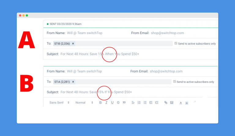 A/B split testing different email subject lines in SendFox