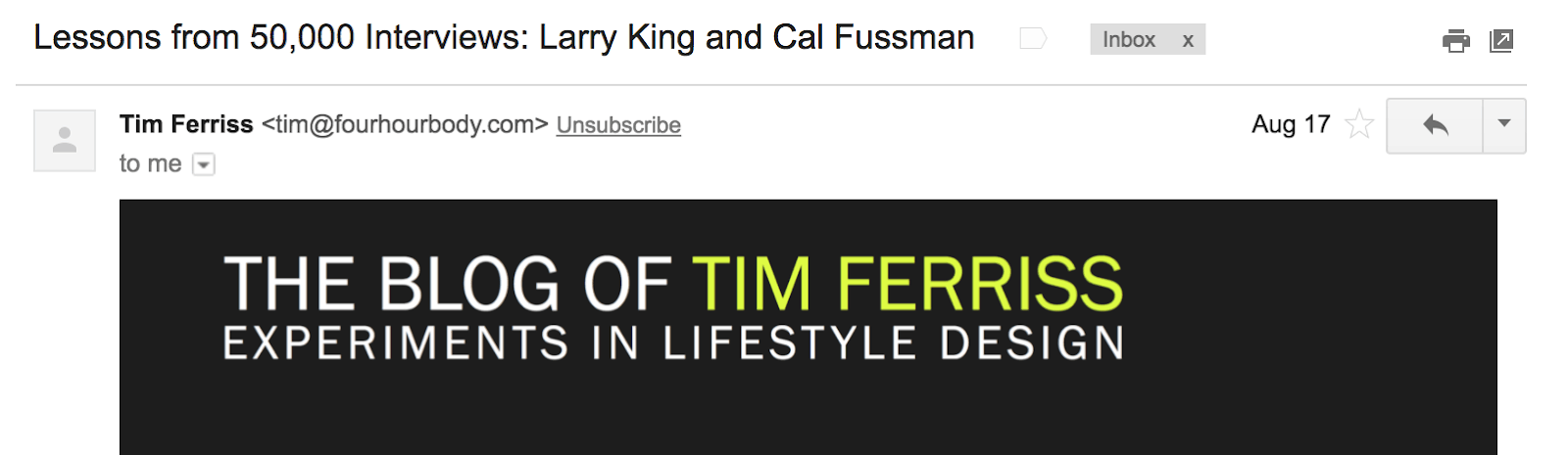 Best Email Subject Lines: Screenshot of email from Tim Ferriss