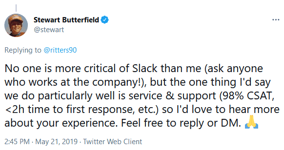 Tweet from Stewart Butterfield, Slack's CEO and co-founder