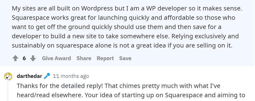 Squarespace review on Reddit