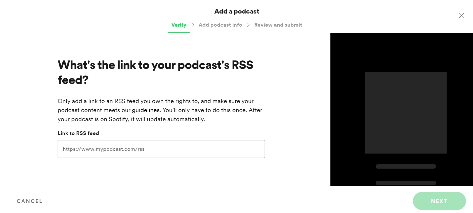 Spotify for Podcasters link to RSS feed