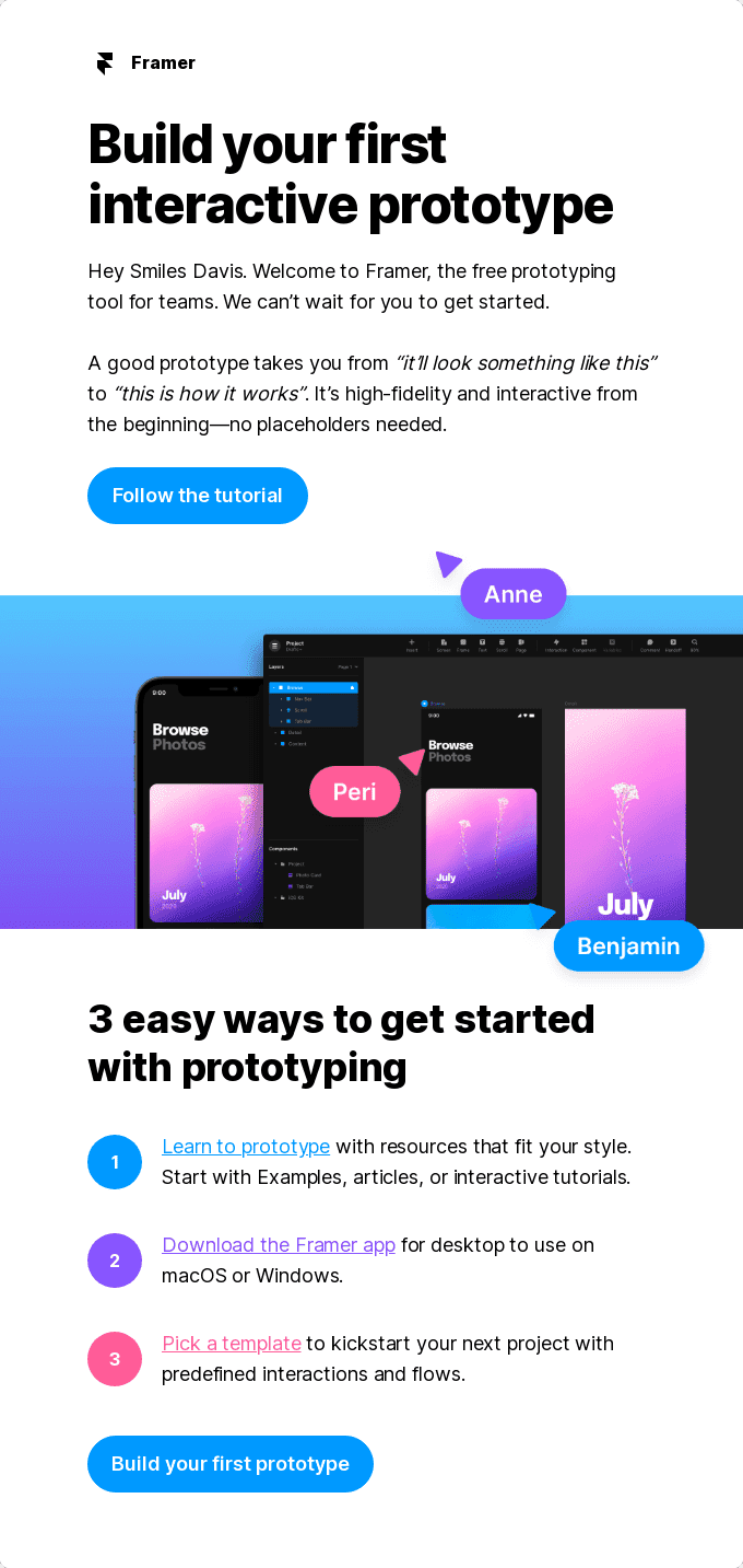 Framer's welcome email