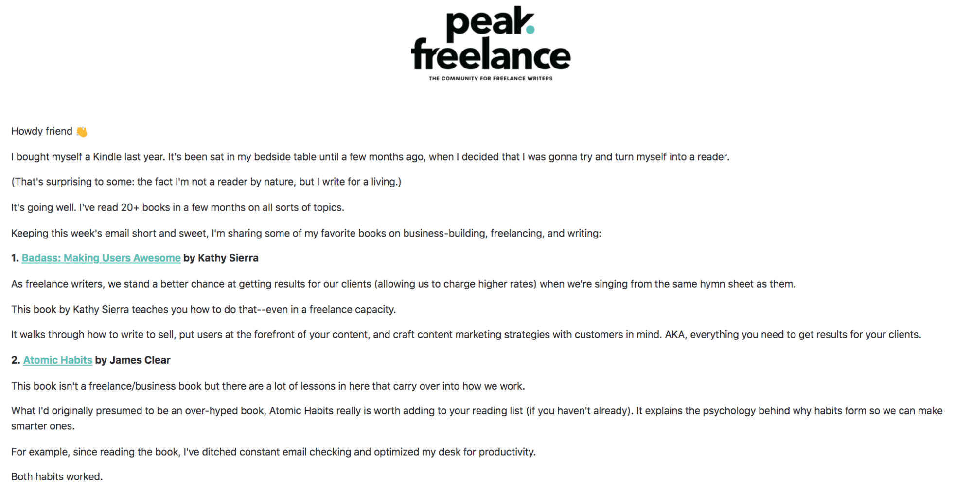newsletter examples - peak freelance