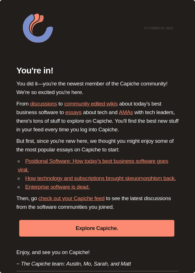 Capiche's welcome email