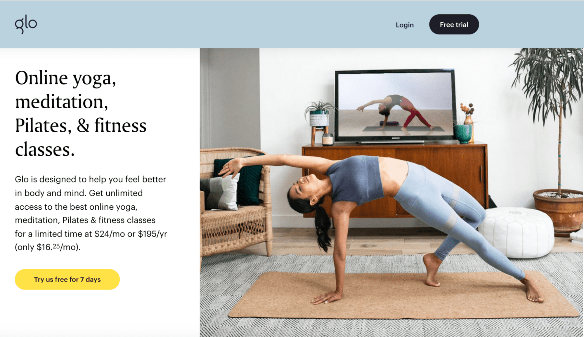 Glo's landing page for online yoga class