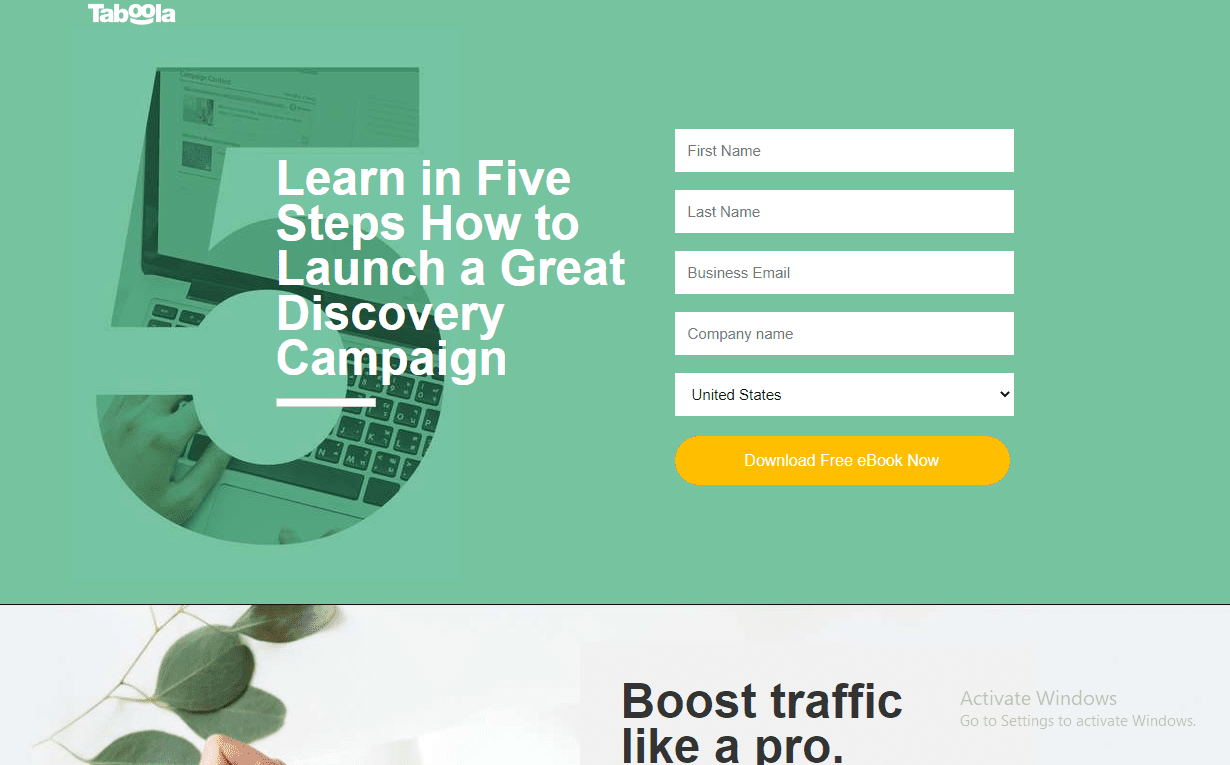 ebook landing page example - Taboola's 5 Steps to Launch a Great Discovery Campaign