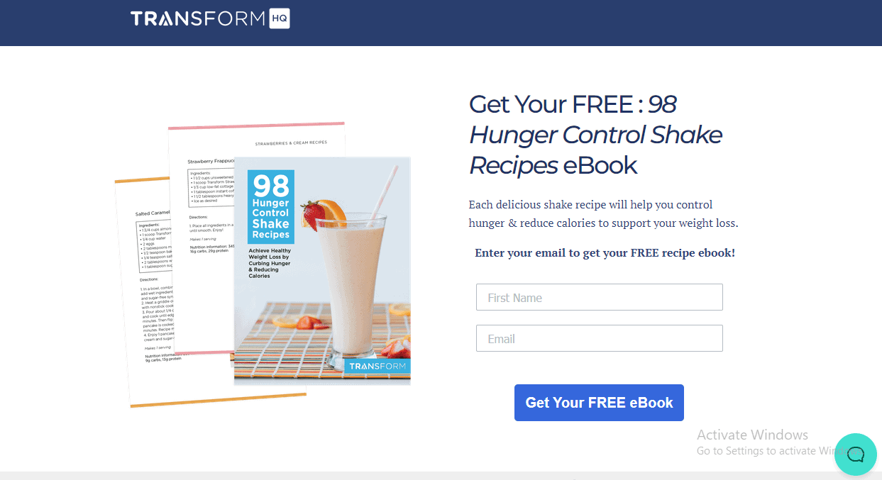 ebook landing page example - Transform's 98 Hunger Control Shake Recipes ebook