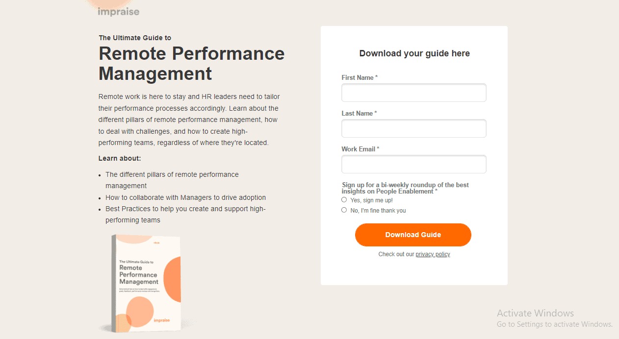 ebook landing page example - Impraise's Guide To Remote Performance Management