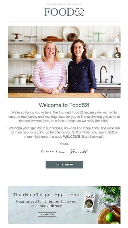 welcome email from Food52